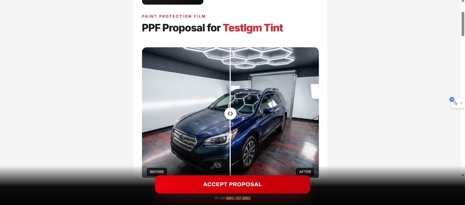 Native proposal on the customer's phone: priced, visual, one tap to accept.