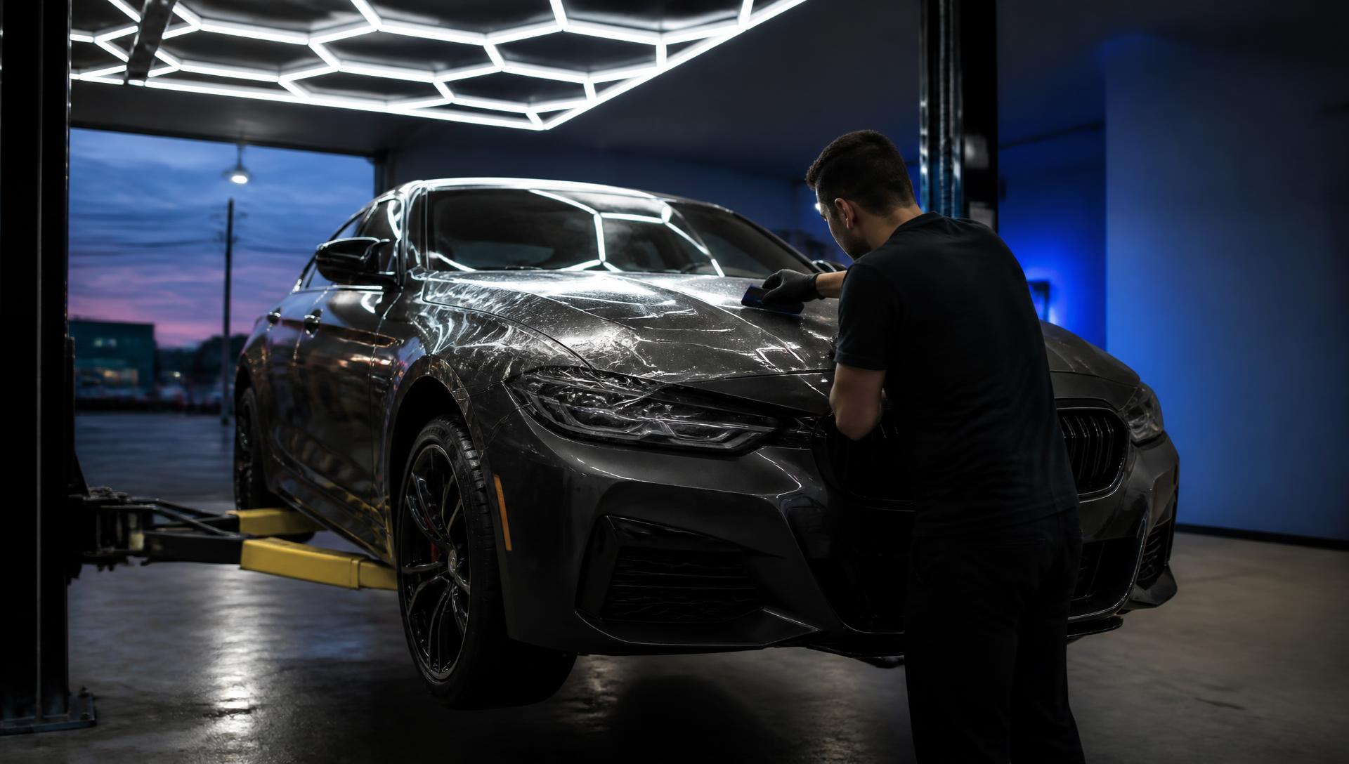 Installer laying paint protection film on a car inside a styling shop